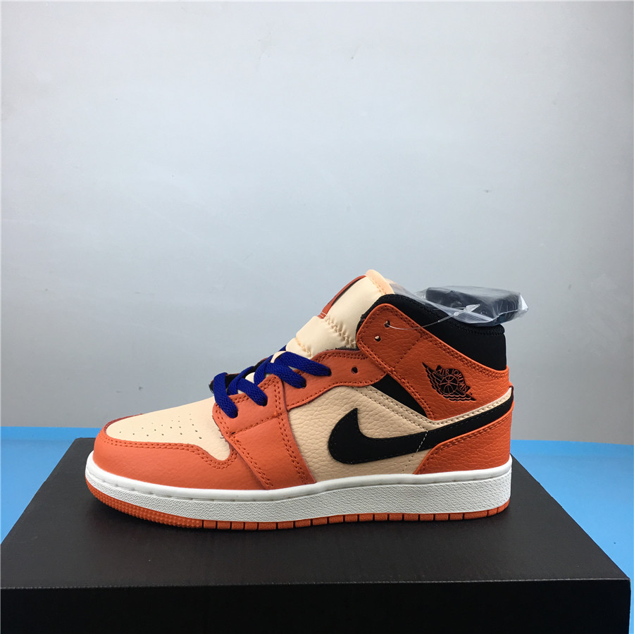 Women Air Jordan 1 Mid Orange White Black Blue Shoes - Click Image to Close